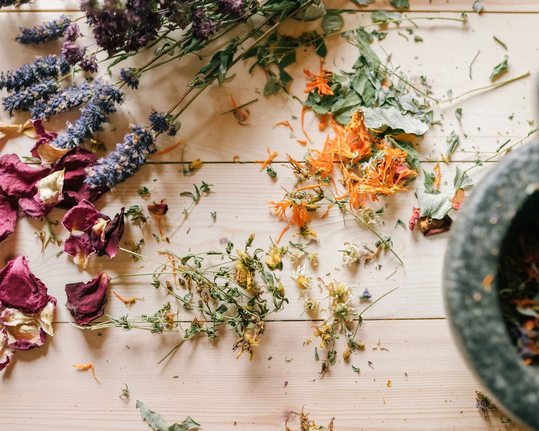 Dried herbs and flowers laid out on pale wood &mdash; the botanical materials used in Chinese herbal medicine.